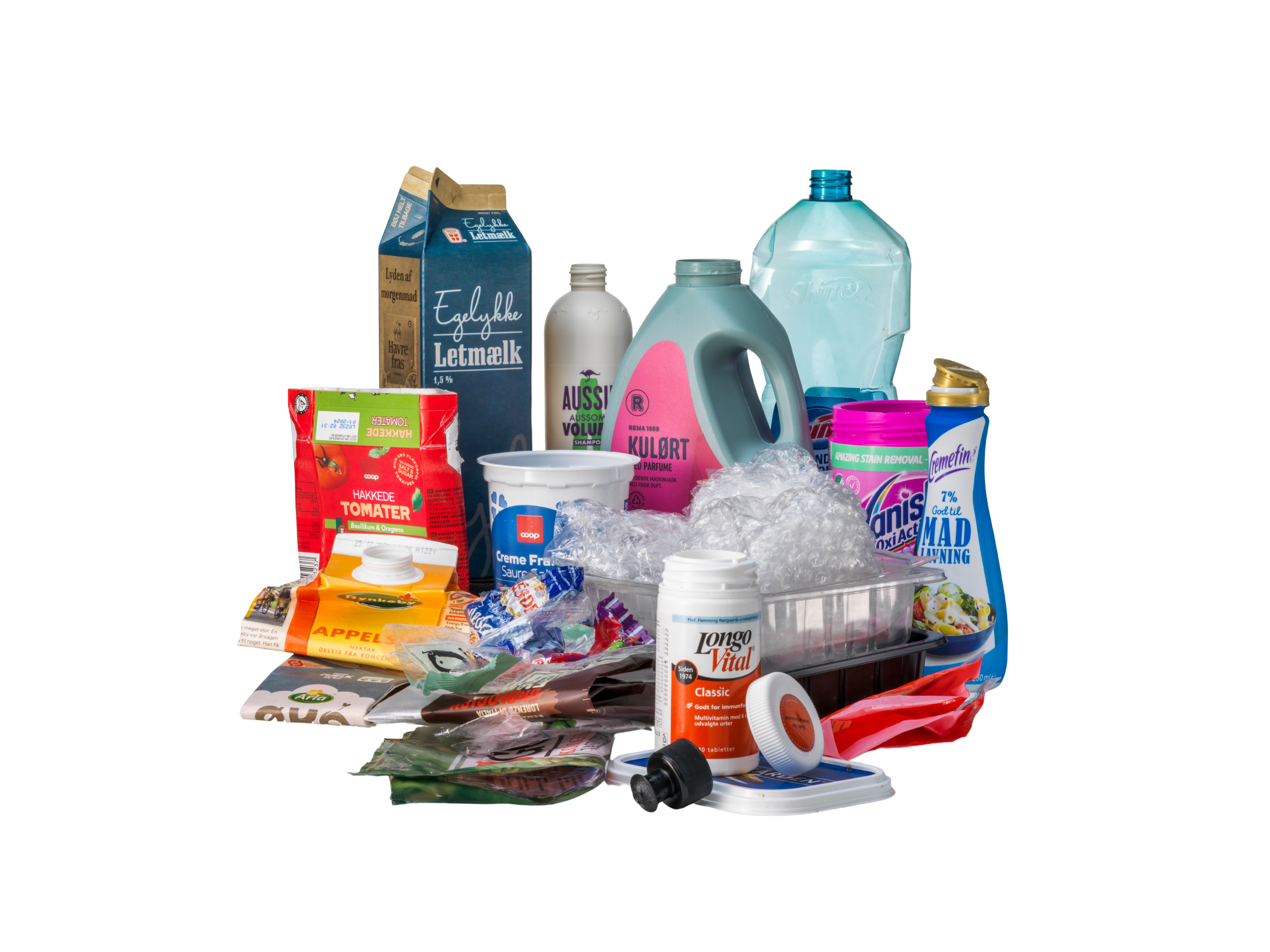 Plast og Mad- & Drikkekartoner: Tomme flasker shampoo og skyllemiddel, tomme bøtter fra vitaminpiller og tomme kartoner fra mælk, juice og lignende