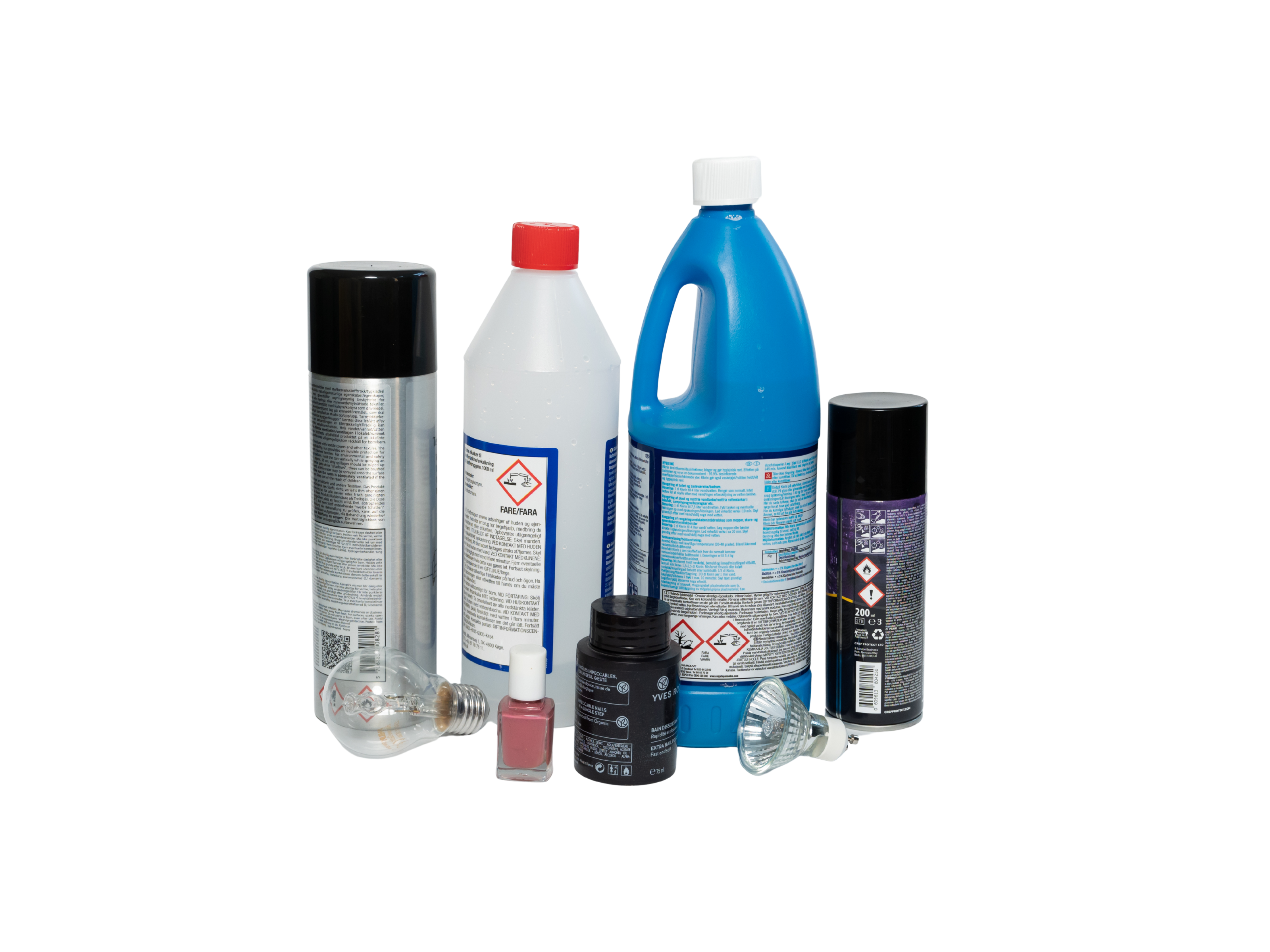 Farligt affald – Spraydåser, kemikalieflasker og andre farlige materialer, der kræver særlig bortskaffelse.