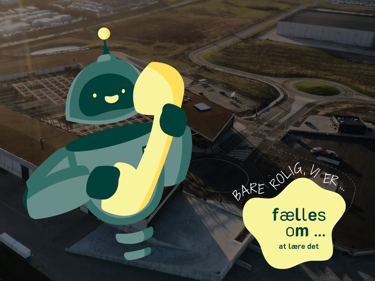 Illustration af grøn telefonrobot med stort gult telefonrør i hånden på mintgrøn baggrund.