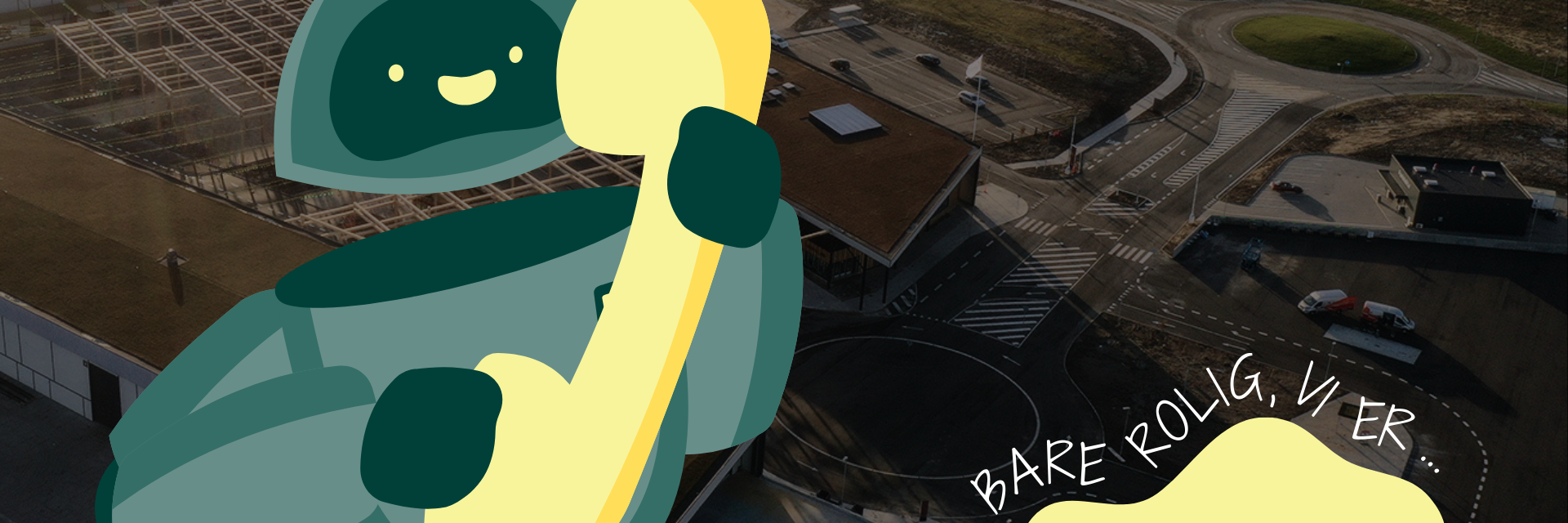 Illustration af grøn telefonrobot med stort gult telefonrør i hånden på mintgrøn baggrund.