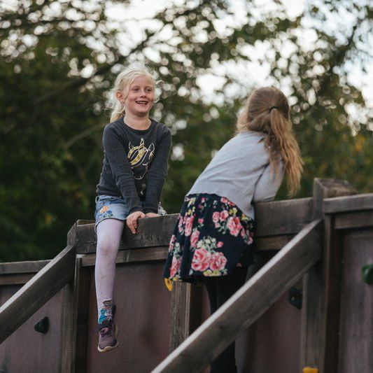 2 piger på et plankeværk