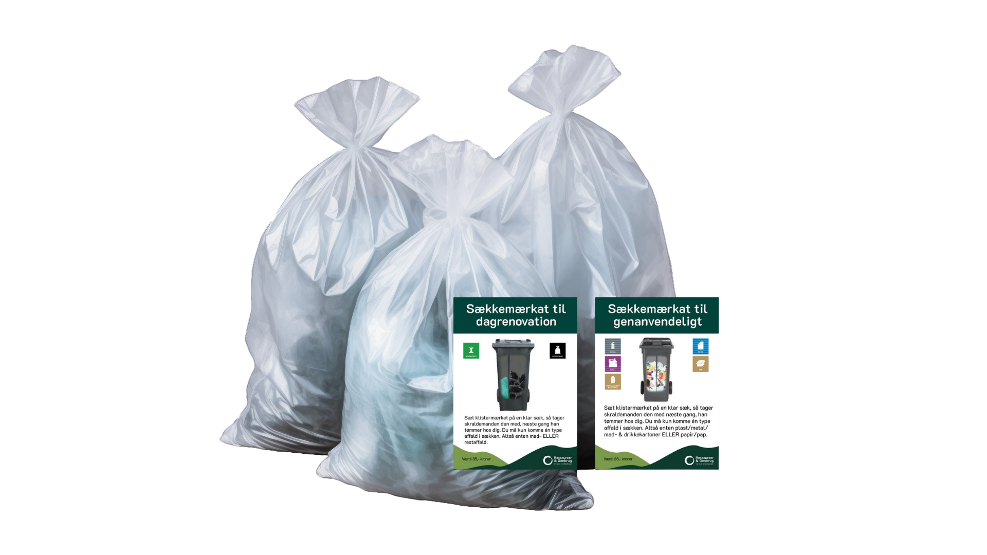 Illustration af sækkemærker til dagrenovation og genanvendeligt affald.