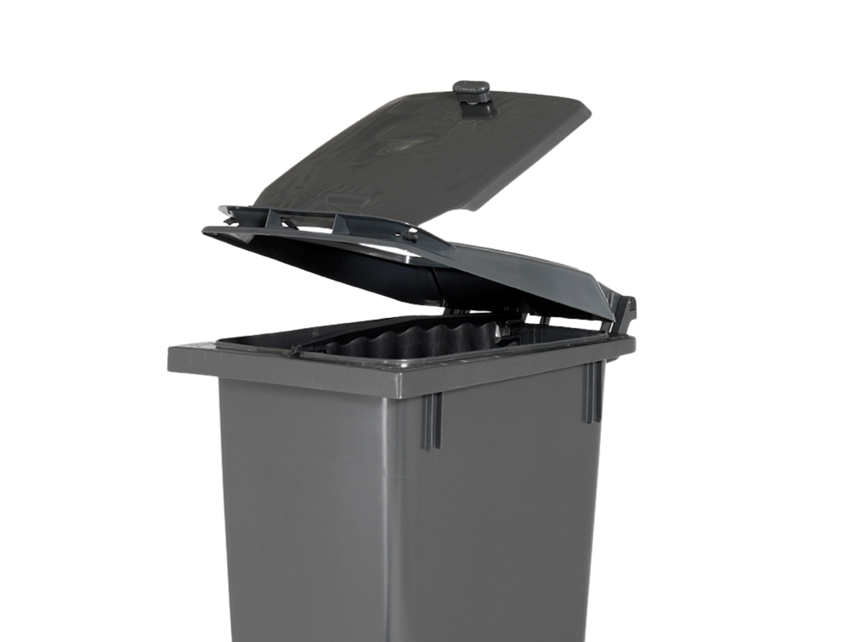 Grå affaldsbeholder med låg-i-låg-løsning, hvor det øverste låg er åbent, og det indvendige låg kan åbnes fra begge sider. Designet gør det lettere at smide affald i beholderen uden at skulle vende den på tømmedagen.
