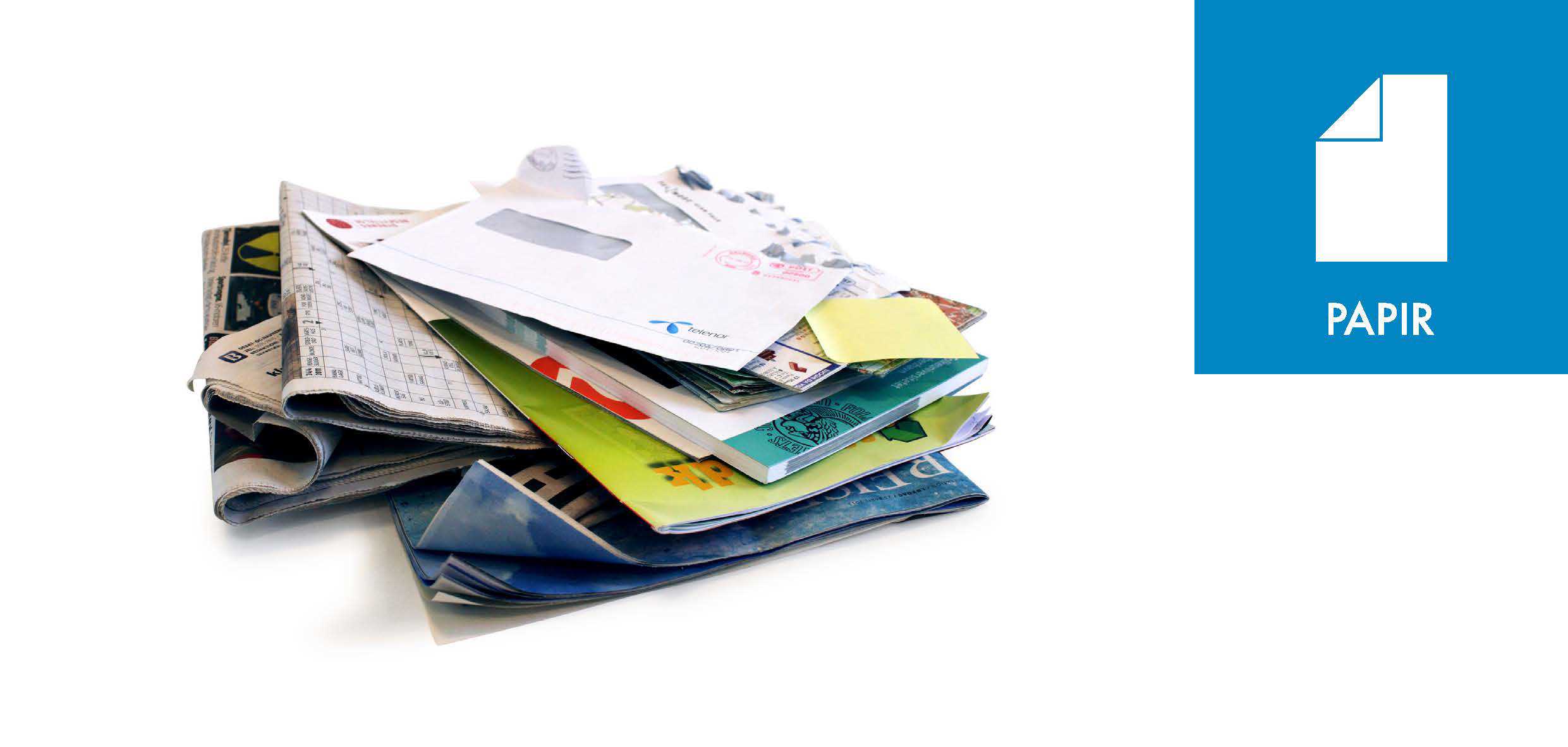 En bunke papir, reklamer, aviser og kuverter sammen med piktogrammet for papir