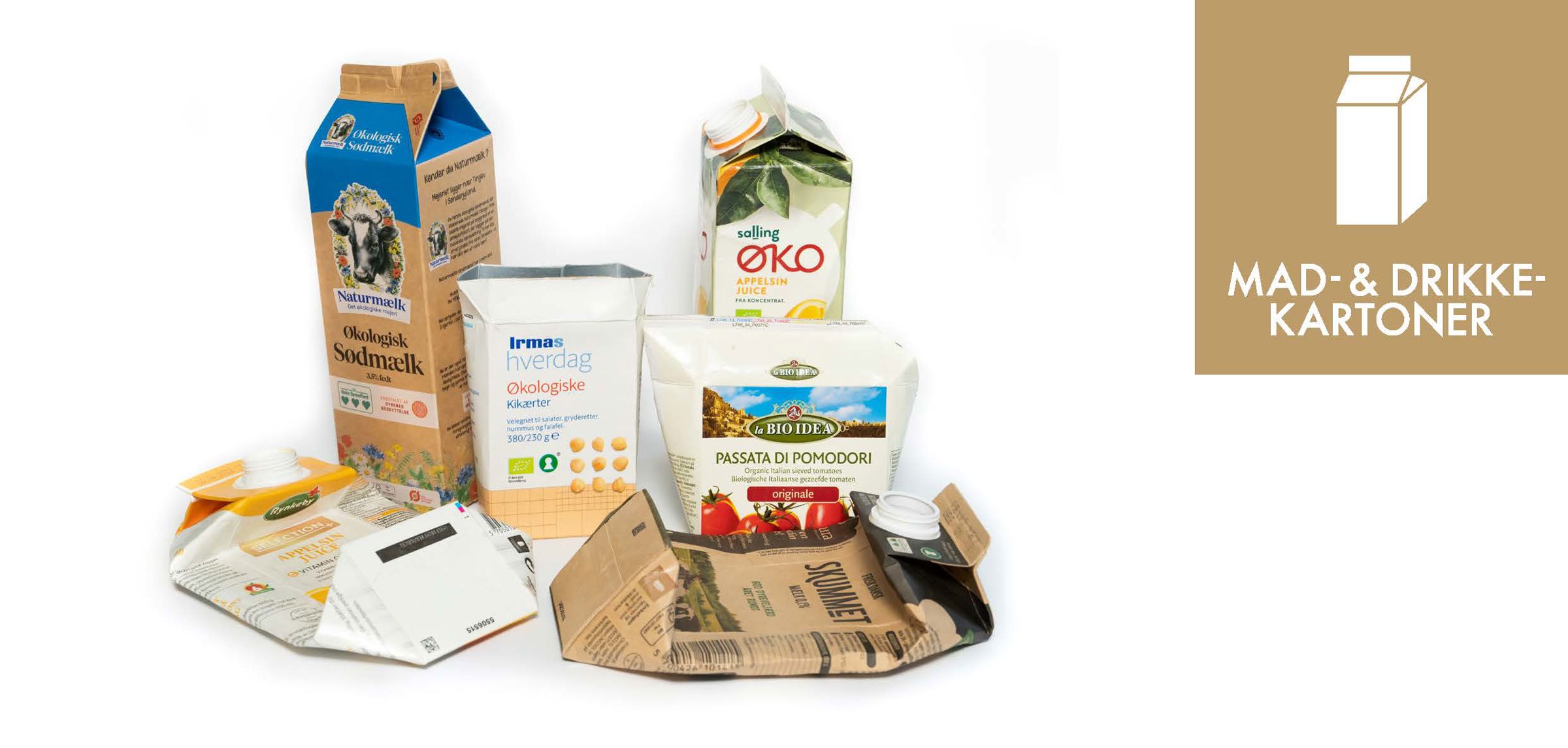 Forskellige madkartoner fra mælk, juice, tomatpure og lignende sammen med piktogrammet for mad- & drikkekartoner
