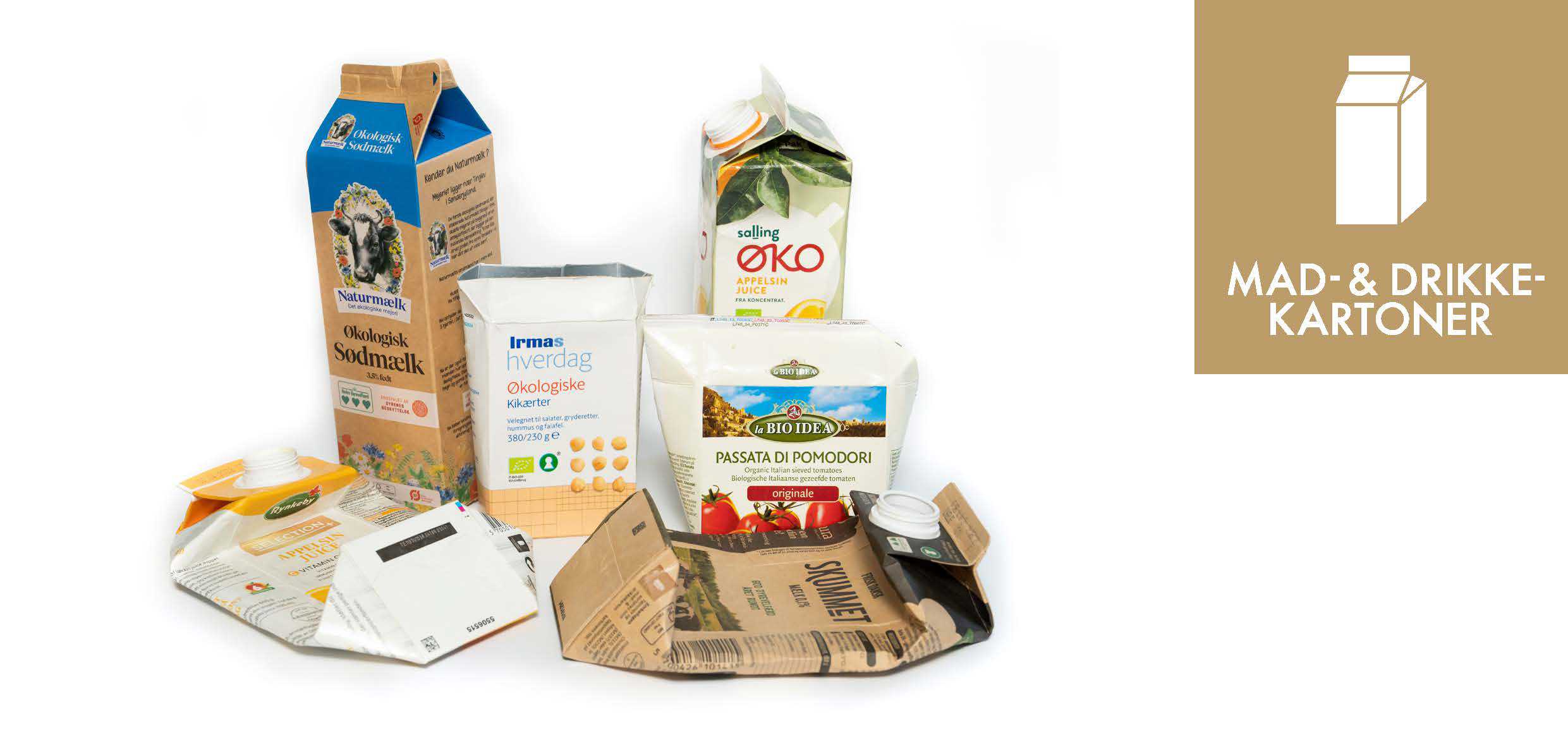 Forskellige madkartoner fra mælk, juice, tomatpure og lignende sammen med piktogrammet for mad- & drikkekartoner