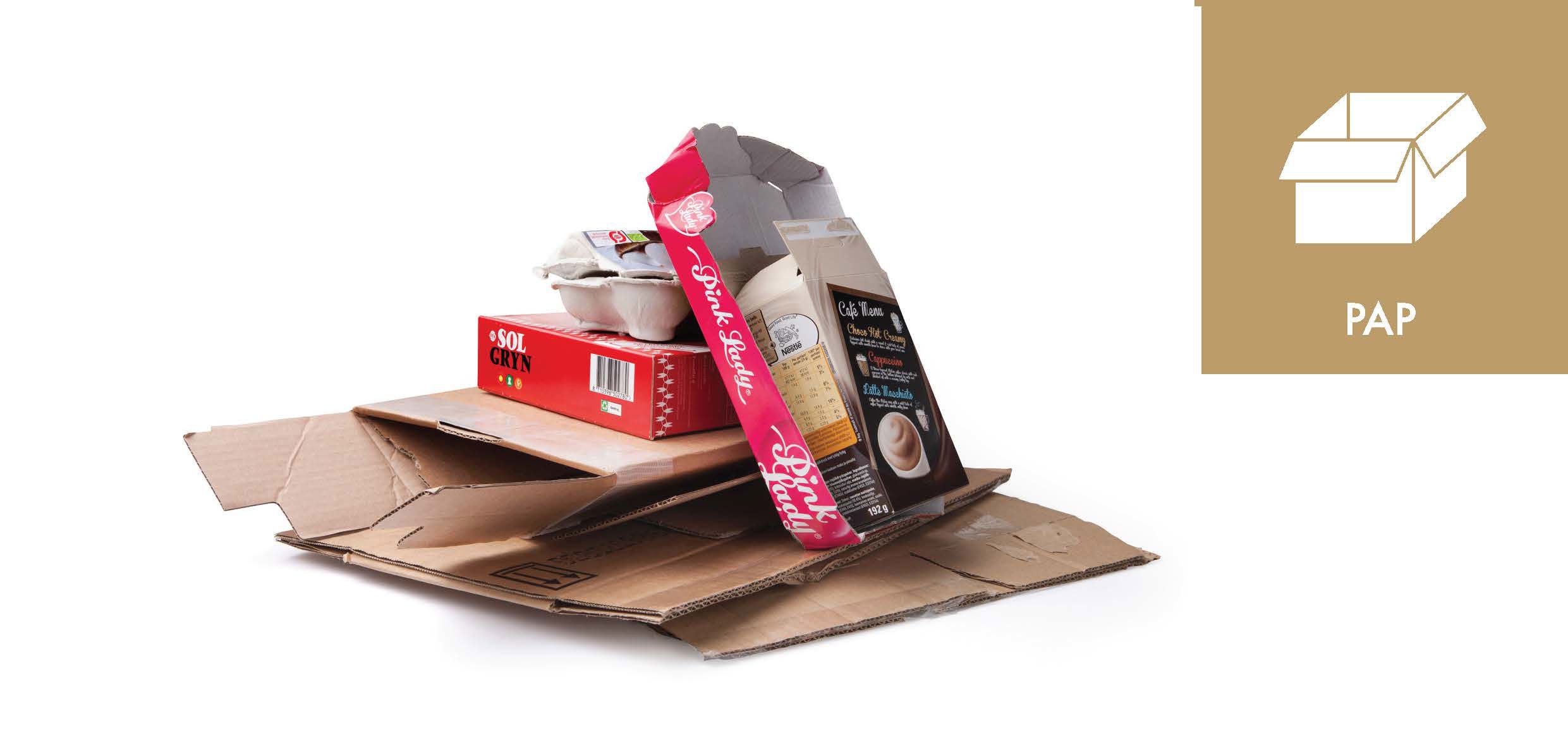 Æggebakker og papemballage fra æbler, tebreve og pakkepost sammen med piktogrammet for pap