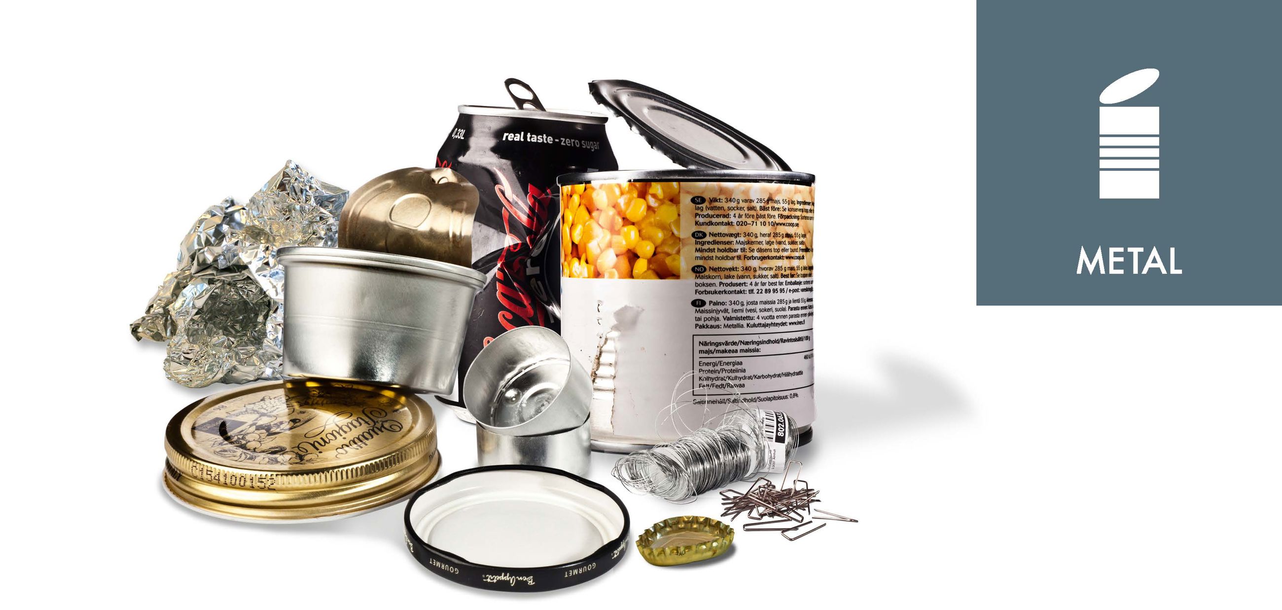 Metaldåser. låg og kapsler sammen med piktogrammet for metal.