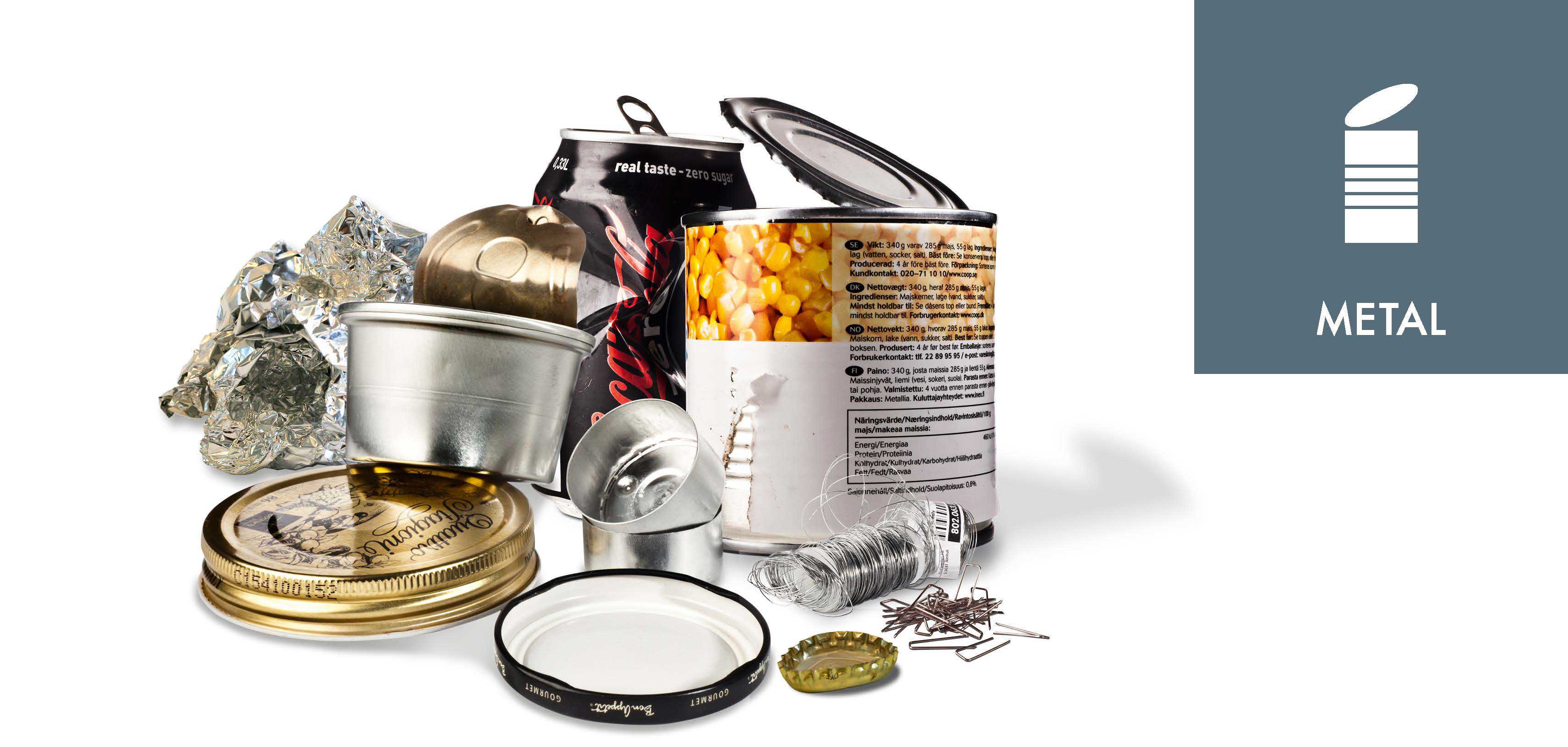 Metaldåser. låg og kapsler sammen med piktogrammet for metal.